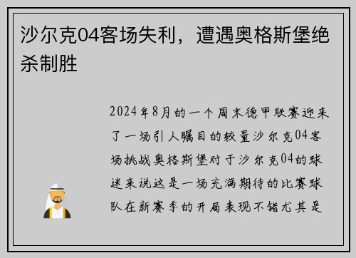 沙尔克04客场失利，遭遇奥格斯堡绝杀制胜