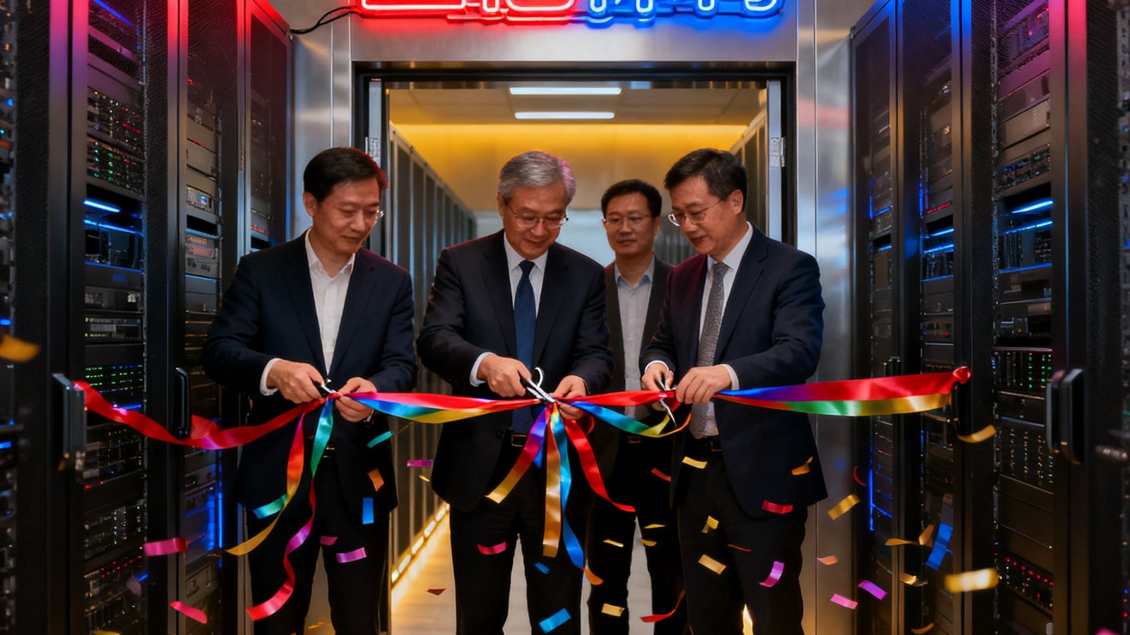 三亿体育新加坡数据中心开幕剪彩仪式，几位高管共同剪断彩色丝带，背景是现代化的服务器机房入口，墙上挂着三亿体育的霓虹logo