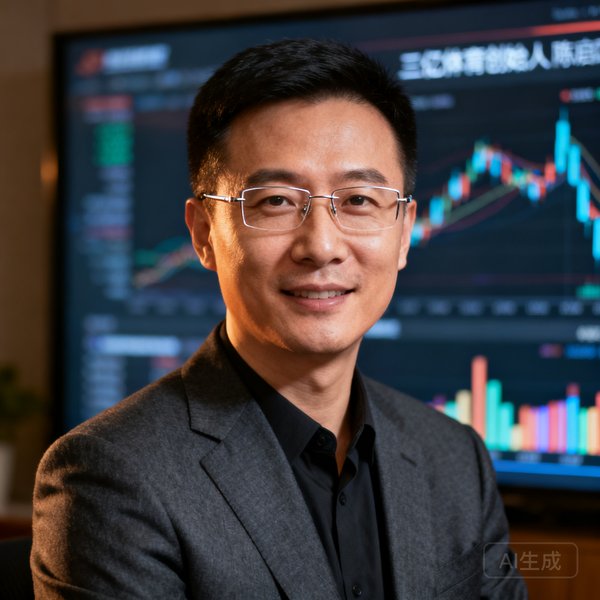三亿体育创始人兼CEO陈启航，40岁男性，戴着无框眼镜，身穿深灰色西装，背景为数据大屏，神情专注而自信