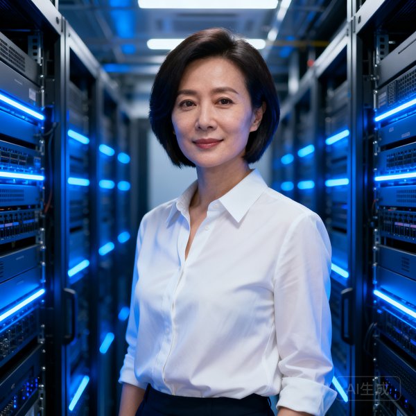三亿体育CTO林若溪，35岁女性，短发干练，身穿白色衬衫，站在服务器机房的冷通道中，身后是蓝色LED灯带照亮的机柜阵列