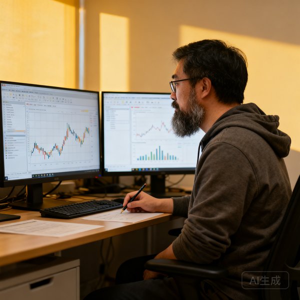 首席数据科学家周明远，42岁男性，络腮胡，穿着休闲连帽衫，坐在办公桌前对着三台显示器上的数据可视化图表进行标注分析